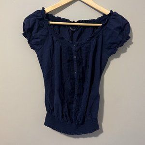 BLUENOTES Navy Blue Frill Trim Short Sleeve Shirred Embroidered Blouse
